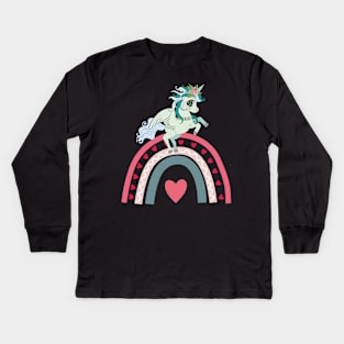 Valentines Day Unicorn Rainbow Heart Kids Long Sleeve T-Shirt